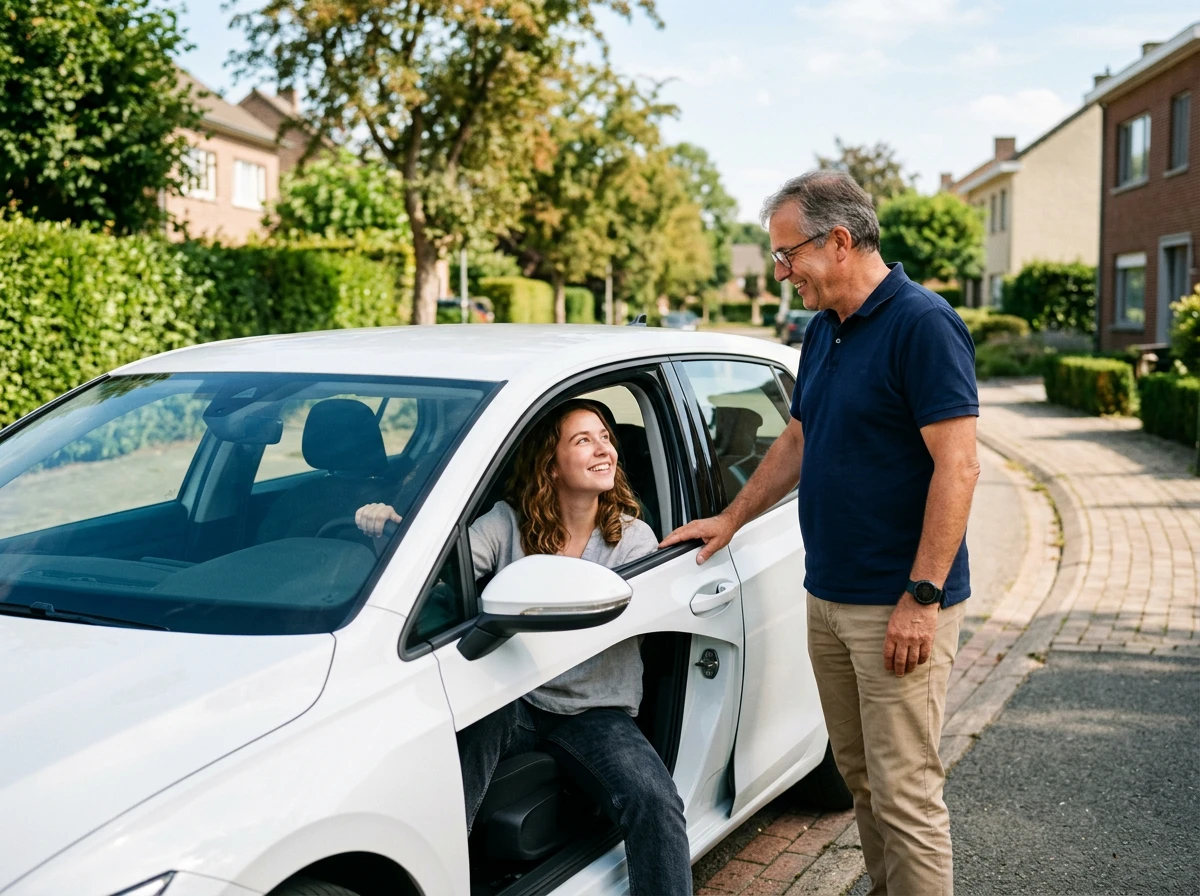 Un instructeur de conduite bienveillant avec un jeune élève devant le véhicule de l'auto-école