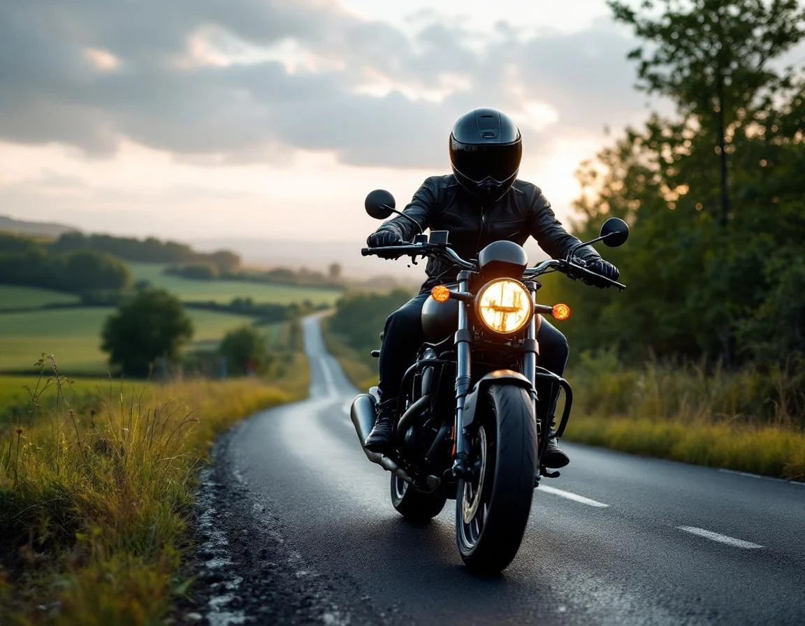 Un motard en formation sur une moto sur une route de campagne belge