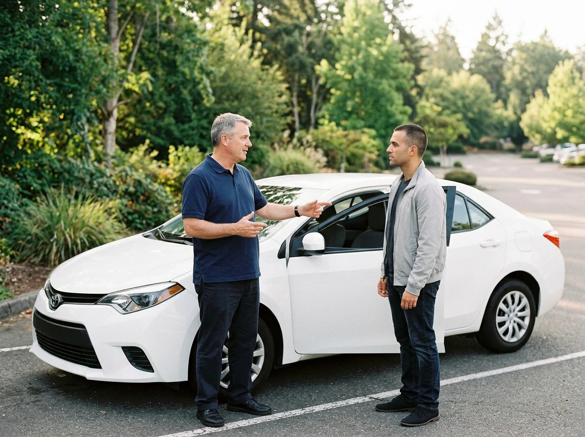 Un instructeur de conduite expliquant une manoeuvre à un élève adulte