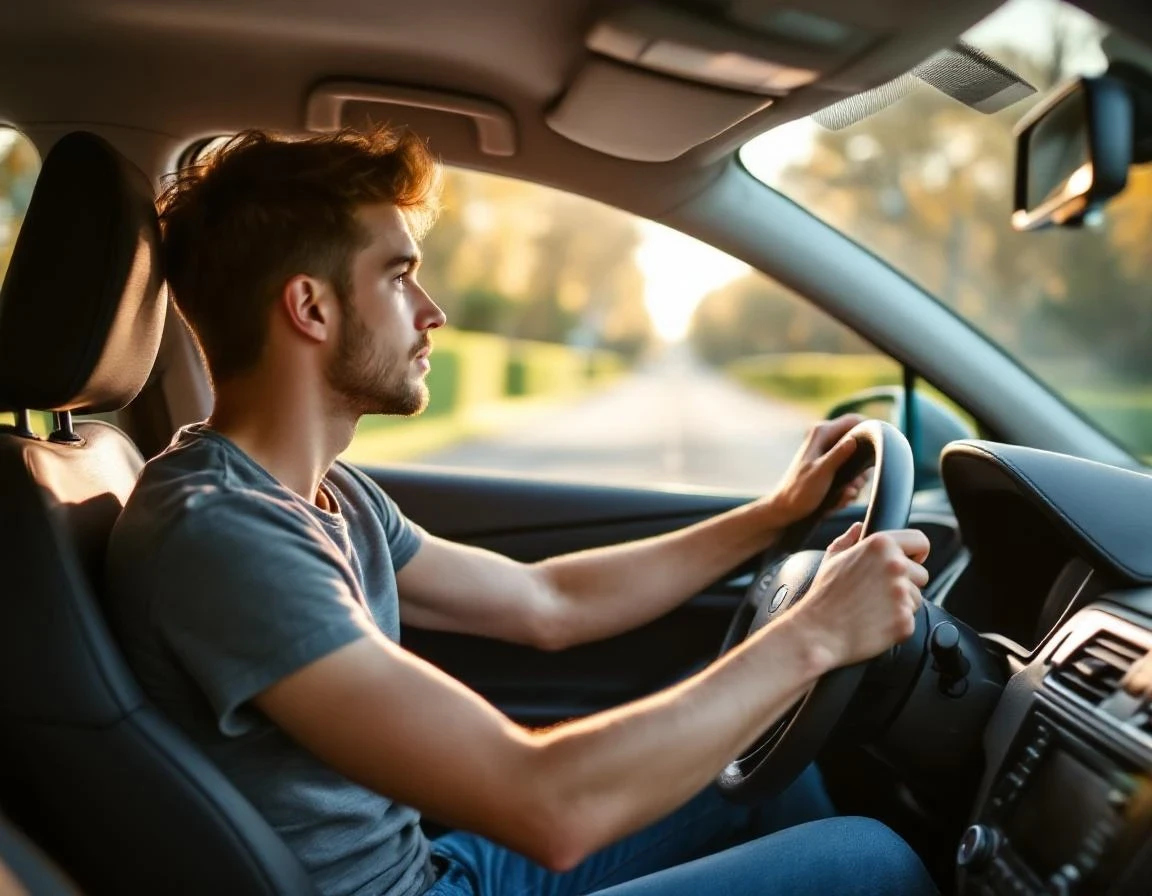 Un jeune conducteur au volant d'une voiture de conduite accompagnée sur une route belge